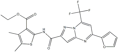 ethyl 2-({[5-(2-furyl)-7-(trifluoromethyl)pyrazolo[1,5-a]pyrimidin-2-yl]carbonyl}amino)-4,5-dimethyl-3-thiophenecarboxylate Struktur