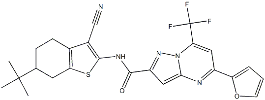 N-(6-tert-butyl-3-cyano-4,5,6,7-tetrahydro-1-benzothien-2-yl)-5-(2-furyl)-7-(trifluoromethyl)pyrazolo[1,5-a]pyrimidine-2-carboxamide Struktur