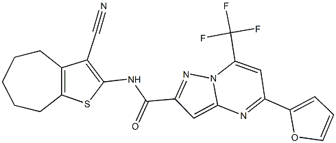 N-(3-cyano-5,6,7,8-tetrahydro-4H-cyclohepta[b]thien-2-yl)-5-(2-furyl)-7-(trifluoromethyl)pyrazolo[1,5-a]pyrimidine-2-carboxamide Struktur