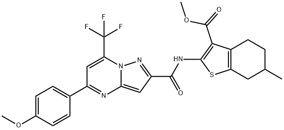 methyl 2-({[5-(4-methoxyphenyl)-7-(trifluoromethyl)pyrazolo[1,5-a]pyrimidin-2-yl]carbonyl}amino)-6-methyl-4,5,6,7-tetrahydro-1-benzothiophene-3-carboxylate Struktur