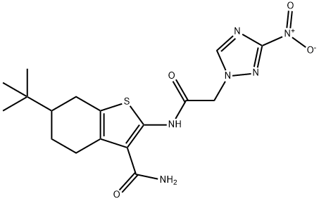 6-tert-butyl-2-[({3-nitro-1H-1,2,4-triazol-1-yl}acetyl)amino]-4,5,6,7-tetrahydro-1-benzothiophene-3-carboxamide Struktur