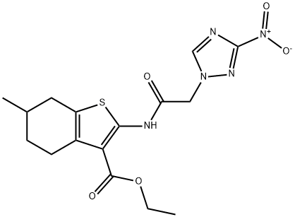 ethyl 2-[({3-nitro-1H-1,2,4-triazol-1-yl}acetyl)amino]-6-methyl-4,5,6,7-tetrahydro-1-benzothiophene-3-carboxylate Struktur