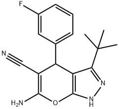 6-amino-3-(tert-butyl)-4-(3-fluorophenyl)-1,4-dihydropyrano[2,3-c]pyrazole-5-carbonitrile Struktur