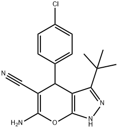 6-amino-3-tert-butyl-4-(4-chlorophenyl)-2,4-dihydropyrano[2,3-c]pyrazole-5-carbonitrile Struktur