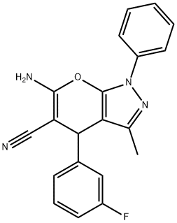 6-amino-4-(3-fluorophenyl)-3-methyl-1-phenyl-1,4-dihydropyrano[2,3-c]pyrazole-5-carbonitrile Struktur