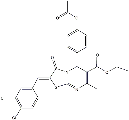 ethyl 5-[4-(acetyloxy)phenyl]-2-(3,4-dichlorobenzylidene)-7-methyl-3-oxo-2,3-dihydro-5H-[1,3]thiazolo[3,2-a]pyrimidine-6-carboxylate Struktur