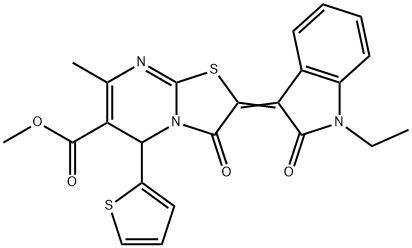 methyl 2-(1-ethyl-2-oxo-1,2-dihydro-3H-indol-3-ylidene)-7-methyl-3-oxo-5-(2-thienyl)-2,3-dihydro-5H-[1,3]thiazolo[3,2-a]pyrimidine-6-carboxylate Struktur