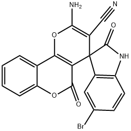 2-amino-5'-bromo-3-cyano-1',3'-dihydro-5-oxospiro[4H,5H-pyrano[3,2-c]chromene-4,3'-(2'H)-indol-2'-one] Struktur