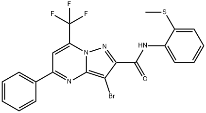 3-bromo-N-[2-(methylsulfanyl)phenyl]-5-phenyl-7-(trifluoromethyl)pyrazolo[1,5-a]pyrimidine-2-carboxamide Struktur