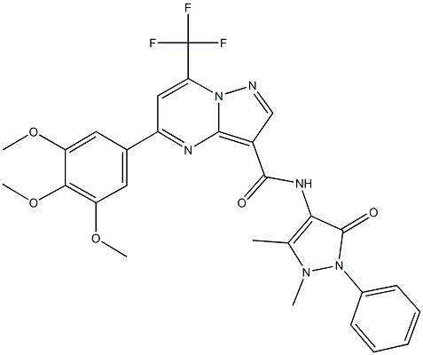 N-(1,5-dimethyl-3-oxo-2-phenyl-2,3-dihydro-1H-pyrazol-4-yl)-7-(trifluoromethyl)-5-(3,4,5-trimethoxyphenyl)pyrazolo[1,5-a]pyrimidine-3-carboxamide Struktur