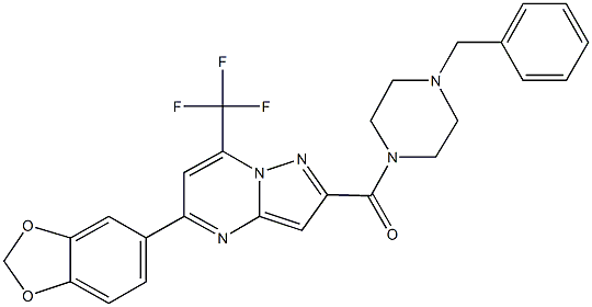 5-(1,3-benzodioxol-5-yl)-2-[(4-benzyl-1-piperazinyl)carbonyl]-7-(trifluoromethyl)pyrazolo[1,5-a]pyrimidine Struktur