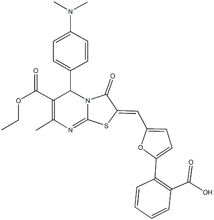 2-{5-[(5-[4-(dimethylamino)phenyl]-6-(ethoxycarbonyl)-7-methyl-3-oxo-5H-[1,3]thiazolo[3,2-a]pyrimidin-2(3H)-ylidene)methyl]-2-furyl}benzoic acid Struktur