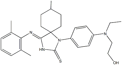 4-[(2,6-dimethylphenyl)imino]-1-{4-[ethyl(2-hydroxyethyl)amino]phenyl}-8-methyl-1,3-diazaspiro[4.5]decane-2-thione Struktur