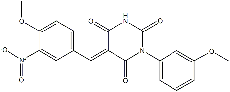 5-{3-nitro-4-methoxybenzylidene}-1-(3-methoxyphenyl)-2,4,6(1H,3H,5H)-pyrimidinetrione Struktur