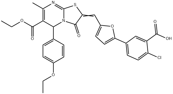 2-chloro-5-{5-[(6-(ethoxycarbonyl)-5-(4-ethoxyphenyl)-7-methyl-3-oxo-5H-[1,3]thiazolo[3,2-a]pyrimidin-2(3H)-ylidene)methyl]-2-furyl}benzoic acid Struktur