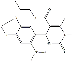 propyl 4-{6-nitro-1,3-benzodioxol-5-yl}-1,6-dimethyl-2-oxo-1,2,3,4-tetrahydro-5-pyrimidinecarboxylate Struktur