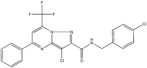 3-chloro-N-(4-chlorobenzyl)-5-phenyl-7-(trifluoromethyl)pyrazolo[1,5-a]pyrimidine-2-carboxamide Struktur