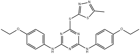 N-{4-(4-ethoxyanilino)-6-[(5-methyl-1,3,4-thiadiazol-2-yl)sulfanyl]-1,3,5-triazin-2-yl}-N-(4-ethoxyphenyl)amine Struktur