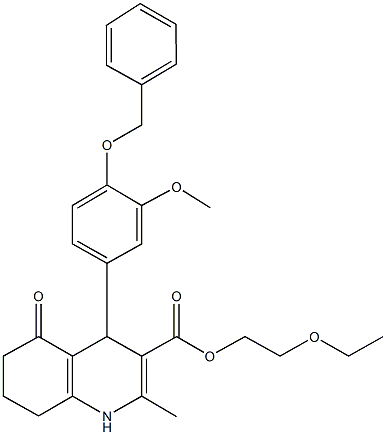 2-(ethyloxy)ethyl 2-methyl-4-{3-(methyloxy)-4-[(phenylmethyl)oxy]phenyl}-5-oxo-1,4,5,6,7,8-hexahydroquinoline-3-carboxylate Struktur