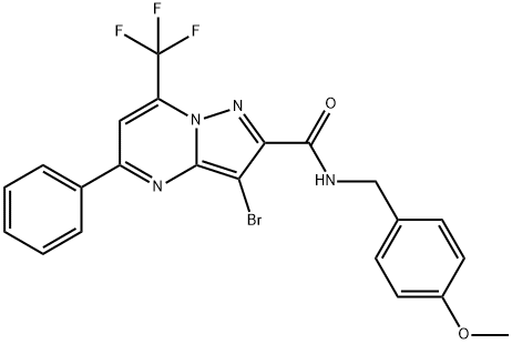 3-bromo-N-(4-methoxybenzyl)-5-phenyl-7-(trifluoromethyl)pyrazolo[1,5-a]pyrimidine-2-carboxamide Struktur