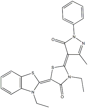 3-ethyl-5-(3-ethyl-1,3-benzothiazol-2(3H)-ylidene)-2-(3-methyl-5-oxo-1-phenyl-1,5-dihydro-4H-pyrazol-4-ylidene)-1,3-thiazolidin-4-one Struktur