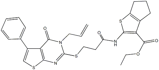 ethyl 2-({3-[(3-allyl-4-oxo-5-phenyl-3,4-dihydrothieno[2,3-d]pyrimidin-2-yl)sulfanyl]propanoyl}amino)-5,6-dihydro-4H-cyclopenta[b]thiophene-3-carboxylate Struktur