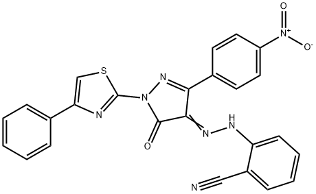 2-{2-[3-{4-nitrophenyl}-5-oxo-1-(4-phenyl-1,3-thiazol-2-yl)-1,5-dihydro-4H-pyrazol-4-ylidene]hydrazino}benzonitrile Struktur