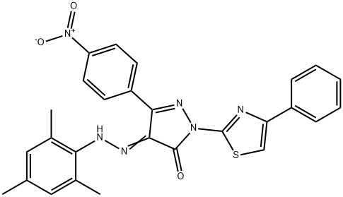 3-{4-nitrophenyl}-1-(4-phenyl-1,3-thiazol-2-yl)-1H-pyrazole-4,5-dione 4-(mesitylhydrazone) Struktur