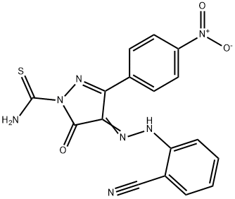 4-[(2-cyanophenyl)hydrazono]-3-{4-nitrophenyl}-5-oxo-4,5-dihydro-1H-pyrazole-1-carbothioamide Struktur