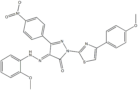 3-{4-nitrophenyl}-1-[4-(4-methoxyphenyl)-1,3-thiazol-2-yl]-1H-pyrazole-4,5-dione 4-[(2-methoxyphenyl)hydrazone] Struktur