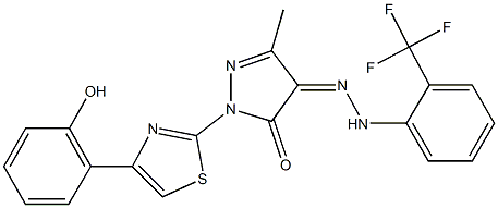 1-[4-(2-hydroxyphenyl)-1,3-thiazol-2-yl]-3-methyl-1H-pyrazole-4,5-dione 4-{[2-(trifluoromethyl)phenyl]hydrazone} Struktur