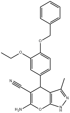 6-amino-4-[4-(benzyloxy)-3-ethoxyphenyl]-3-methyl-1,4-dihydropyrano[2,3-c]pyrazole-5-carbonitrile Struktur