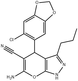 6-amino-4-(6-chloro-1,3-benzodioxol-5-yl)-3-propyl-1,4-dihydropyrano[2,3-c]pyrazole-5-carbonitrile Struktur