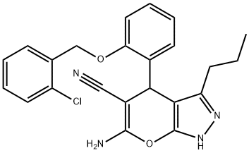 6-amino-4-{2-[(2-chlorobenzyl)oxy]phenyl}-3-propyl-2,4-dihydropyrano[2,3-c]pyrazole-5-carbonitrile Struktur