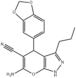 6-amino-4-(1,3-benzodioxol-5-yl)-3-propyl-2,4-dihydropyrano[2,3-c]pyrazole-5-carbonitrile Struktur