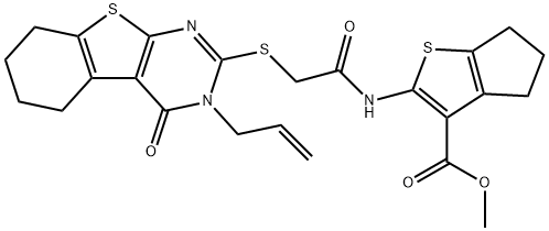 methyl 2-({[(3-allyl-4-oxo-3,4,5,6,7,8-hexahydro[1]benzothieno[2,3-d]pyrimidin-2-yl)sulfanyl]acetyl}amino)-5,6-dihydro-4H-cyclopenta[b]thiophene-3-carboxylate Struktur