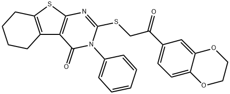 2-{[2-(2,3-dihydro-1,4-benzodioxin-6-yl)-2-oxoethyl]sulfanyl}-3-phenyl-5,6,7,8-tetrahydro[1]benzothieno[2,3-d]pyrimidin-4(3H)-one Struktur