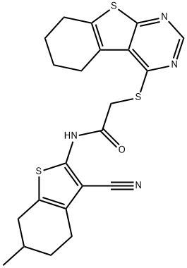 N-(3-cyano-6-methyl-4,5,6,7-tetrahydro-1-benzothien-2-yl)-2-(5,6,7,8-tetrahydro[1]benzothieno[2,3-d]pyrimidin-4-ylsulfanyl)acetamide Struktur