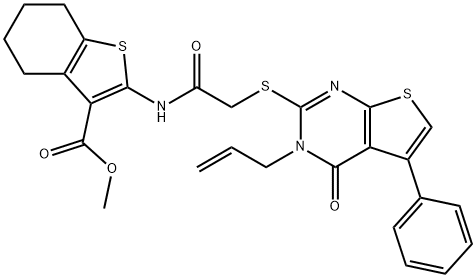 methyl 2-({[(3-allyl-4-oxo-5-phenyl-3,4-dihydrothieno[2,3-d]pyrimidin-2-yl)sulfanyl]acetyl}amino)-4,5,6,7-tetrahydro-1-benzothiophene-3-carboxylate Struktur