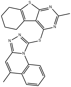 2-methyl-4-[(5-methyl[1,2,4]triazolo[4,3-a]quinolin-1-yl)sulfanyl]-5,6,7,8-tetrahydro[1]benzothieno[2,3-d]pyrimidine Struktur