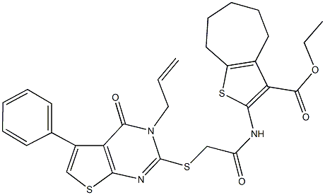 ethyl 2-({[(3-allyl-4-oxo-5-phenyl-3,4-dihydrothieno[2,3-d]pyrimidin-2-yl)sulfanyl]acetyl}amino)-5,6,7,8-tetrahydro-4H-cyclohepta[b]thiophene-3-carboxylate Struktur