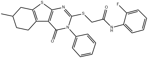 N-(2-fluorophenyl)-2-[(7-methyl-4-oxo-3-phenyl-3,4,5,6,7,8-hexahydro[1]benzothieno[2,3-d]pyrimidin-2-yl)sulfanyl]acetamide Struktur