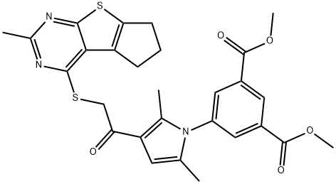 dimethyl 5-(2,5-dimethyl-3-{[(2-methyl-6,7-dihydro-5H-cyclopenta[4,5]thieno[2,3-d]pyrimidin-4-yl)sulfanyl]acetyl}-1H-pyrrol-1-yl)isophthalate Struktur