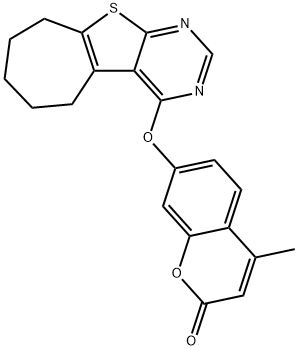 4-methyl-7-(6,7,8,9-tetrahydro-5H-cyclohepta[4,5]thieno[2,3-d]pyrimidin-4-yloxy)-2H-chromen-2-one Struktur