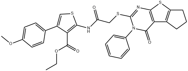 ethyl 4-(4-methoxyphenyl)-2-({[(4-oxo-3-phenyl-3,5,6,7-tetrahydro-4H-cyclopenta[4,5]thieno[2,3-d]pyrimidin-2-yl)sulfanyl]acetyl}amino)-3-thiophenecarboxylate Struktur