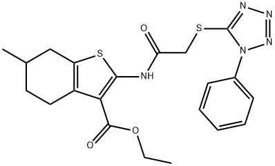 ethyl 6-methyl-2-({[(1-phenyl-1H-tetraazol-5-yl)sulfanyl]acetyl}amino)-4,5,6,7-tetrahydro-1-benzothiophene-3-carboxylate Struktur