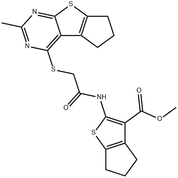 methyl 2-({[(2-methyl-6,7-dihydro-5H-cyclopenta[4,5]thieno[2,3-d]pyrimidin-4-yl)sulfanyl]acetyl}amino)-5,6-dihydro-4H-cyclopenta[b]thiophene-3-carboxylate Struktur