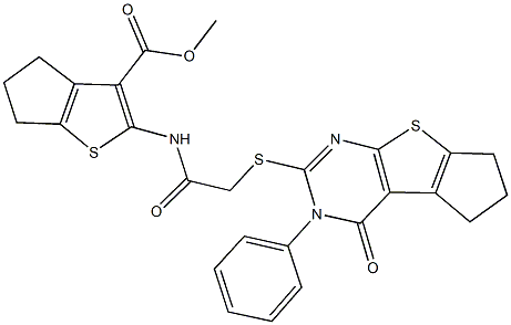 methyl 2-({[(4-oxo-3-phenyl-3,5,6,7-tetrahydro-4H-cyclopenta[4,5]thieno[2,3-d]pyrimidin-2-yl)sulfanyl]acetyl}amino)-5,6-dihydro-4H-cyclopenta[b]thiophene-3-carboxylate Struktur