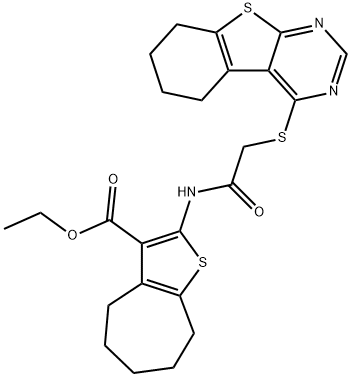 ethyl 2-{[(5,6,7,8-tetrahydro[1]benzothieno[2,3-d]pyrimidin-4-ylsulfanyl)acetyl]amino}-5,6,7,8-tetrahydro-4H-cyclohepta[b]thiophene-3-carboxylate Struktur