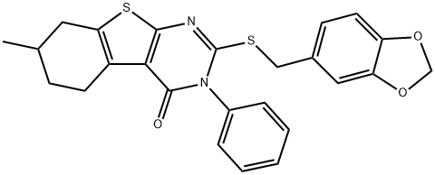 2-[(1,3-benzodioxol-5-ylmethyl)sulfanyl]-7-methyl-3-phenyl-5,6,7,8-tetrahydro[1]benzothieno[2,3-d]pyrimidin-4(3H)-one Struktur